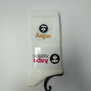 Bape Crew Socks Mens Womens Unisex Size 9-11 White Yellow Ape Head Logo New